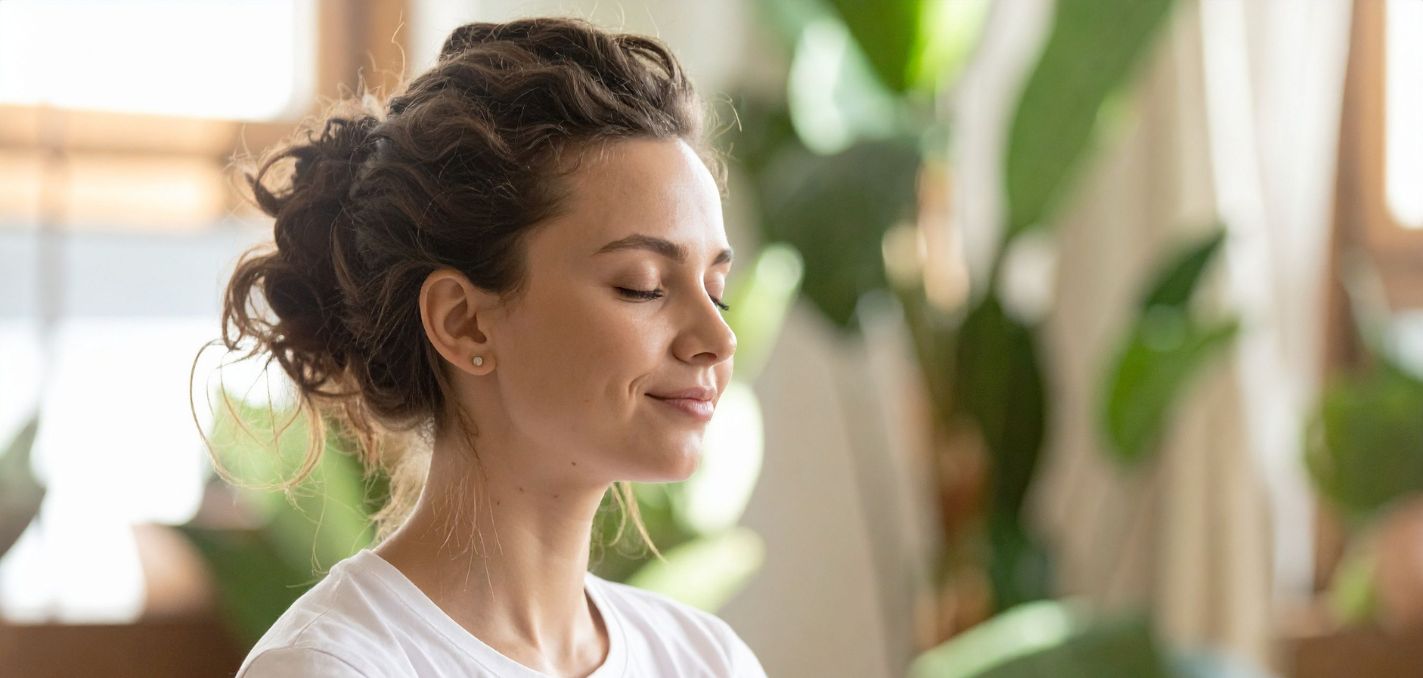 sophrologie femme souriant et regardant vers le côté pleine largeur